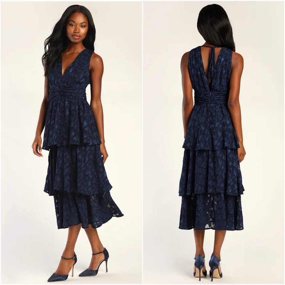 Lulu's Navy Tiered Lace Midi Dress